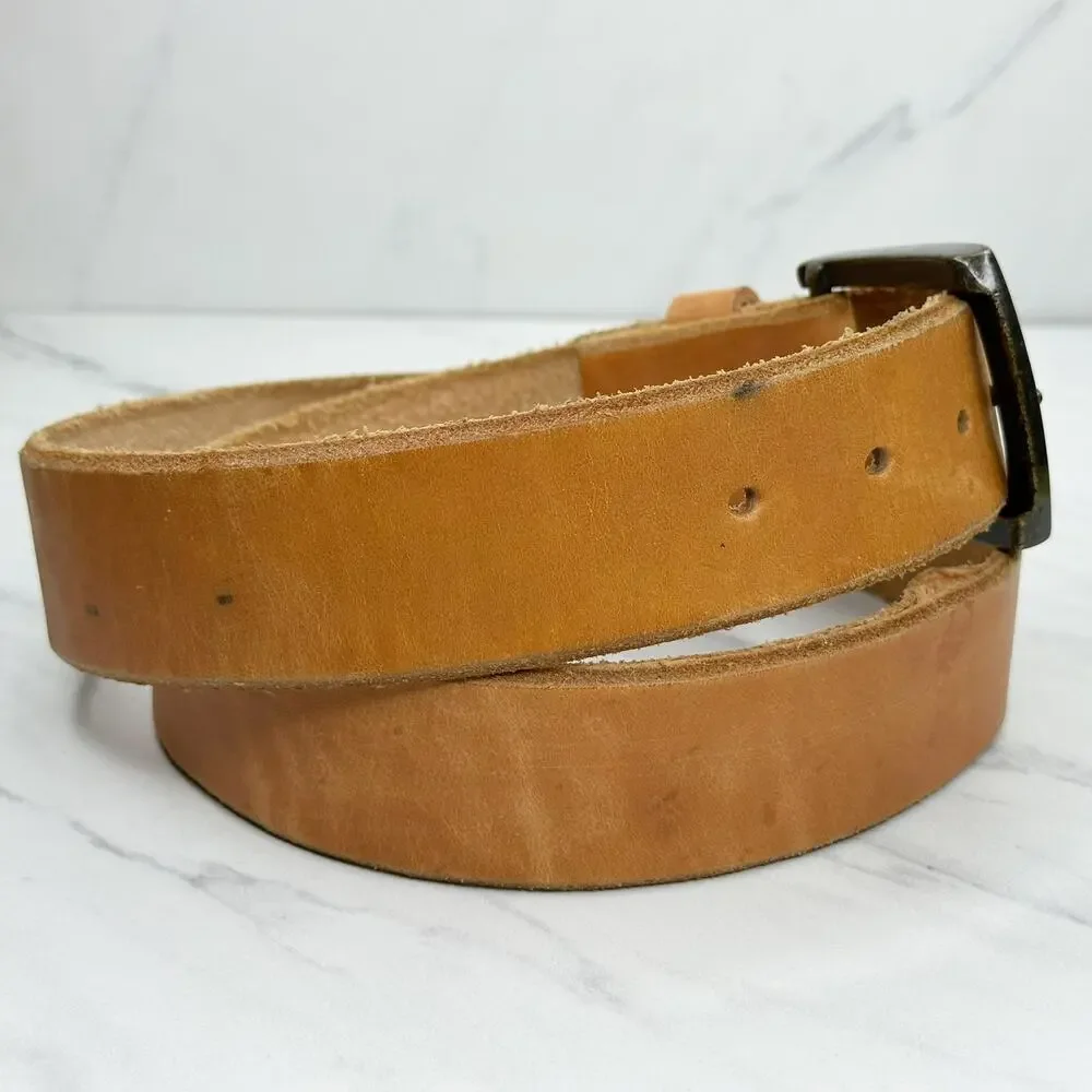 Brown Genuine Leather Belt Bronze Buckle Mens Size 36 ✨